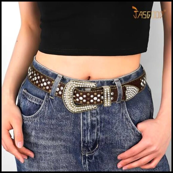 Western Rhinestone Belt Sparkling Faux Leather Adjustable Detachable Buckle main image 7